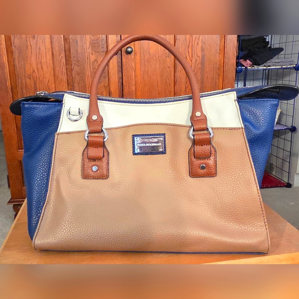 DANA BUCHMAN Cream, Tan, and Blue Satchel